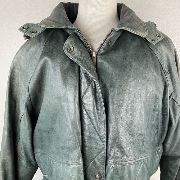 Vintage Wilson’s Adventure Bound Hooded Green Leather Jacket Size M - Picture 2 of 14